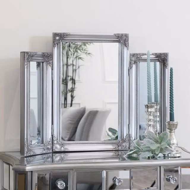 Melody Maison Vintage Silver Rectangular Tabletop Dressing Table Mirror W: 55 cm, H: 74 cm