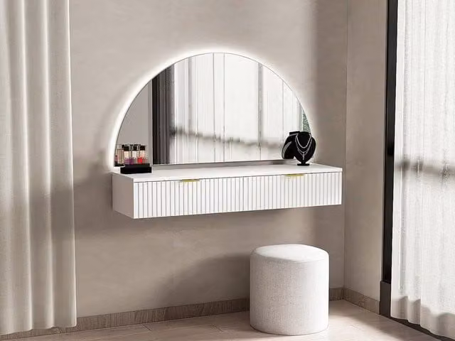 Vente-unique White Wall-Mounted Dressing Table with Hollywood LED Mirror and 2 Drawers – 1
