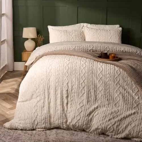 OHS Reversible Cable Knit Sherpa Teddy Fleece Duvet Cover and Pillowcase Set, Cream, Duvet Cover: 200 x 200 cm, Pillowcases: 50 x 75 cm