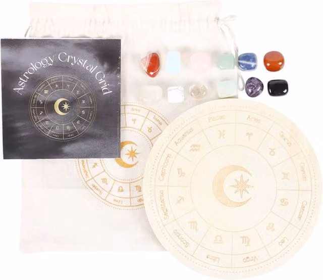 KDMK Astrology Wheel Crystal Grid Set for Zodiac Energy, White and Multicolour Geometric Round Wood Tabletop Design