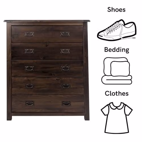 Core Products Boston 5-Drawer Chest of Drawers in Rustic Brown Lacquered Solid Pine Wood, W: 90 cm, D: 40 cm, H: 114.5 cm – 5