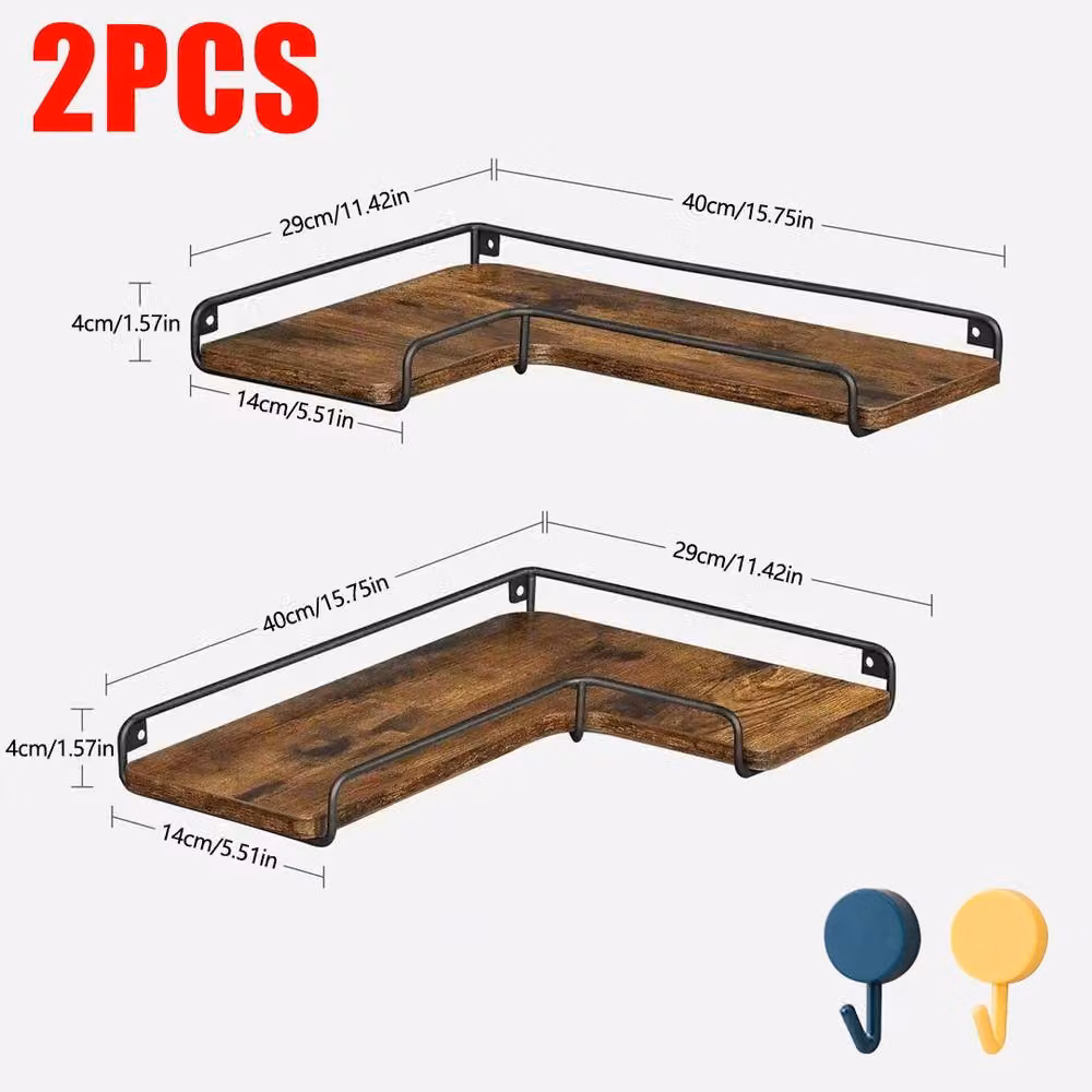 Ventryn 2-Piece Brown Wood Corner Floating Shelves for Kitchen Wall Storage – 2