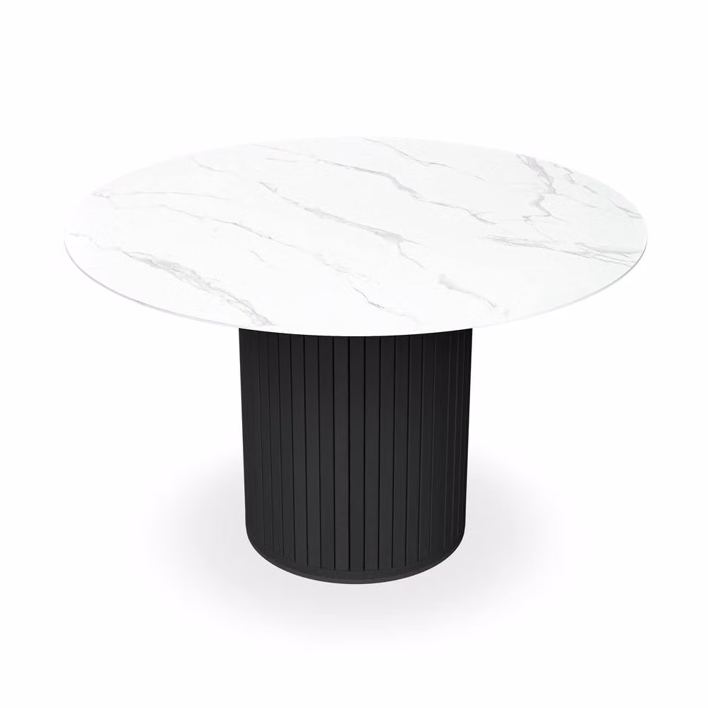 More4Homes Arlo White Marble Round Dining Table with Black Legs and 6 Mustard Nova Velvet Dining Chairs – 1