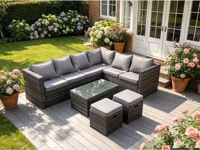 Fimous 8 Seater Rattan Corner Sofa Set with Coffee Table and Ottoman in Dark Grey