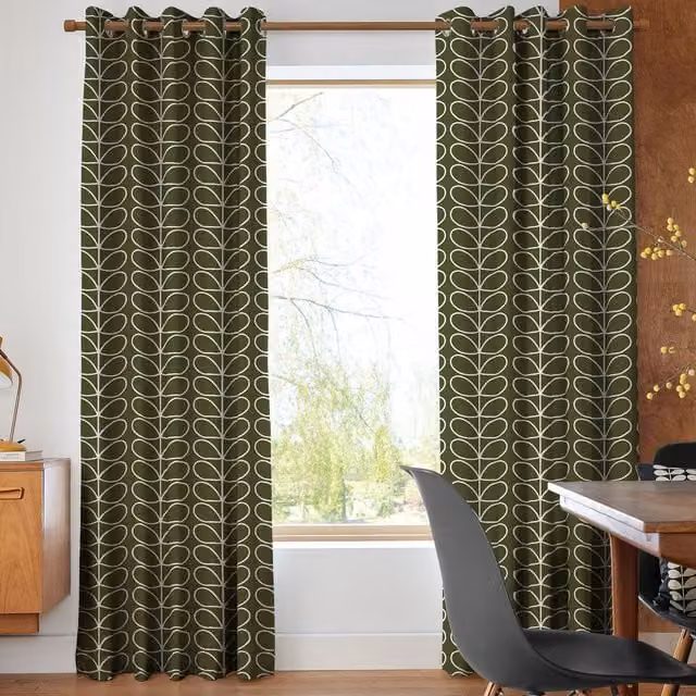 Orla Kiely Made to Measure Blackout Eyelet Curtain in Kelp Green Jumbo Linear Stem Floral Cotton Fabric