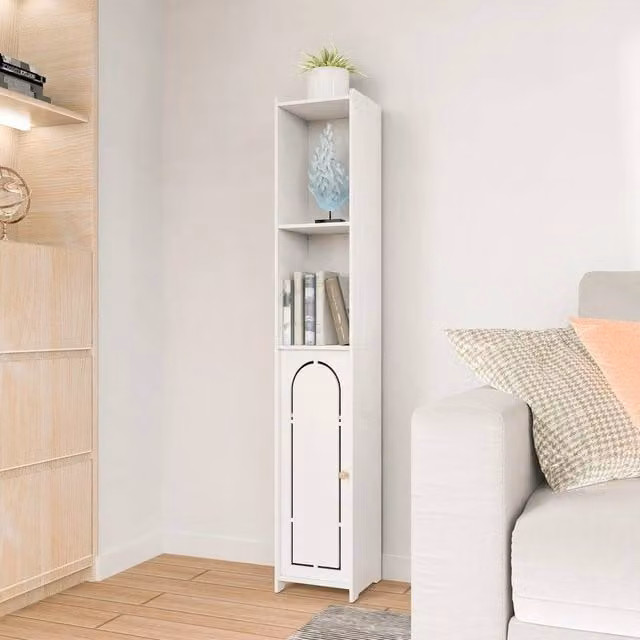 VOGREX Tall Slim White Bathroom Storage Cabinet with 1 Hinged Door and 4 Internal Shelves