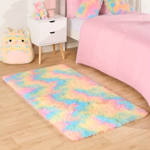 OHS Sienna Abstract Tie Dye Shaggy Rug, Multicolour Faux Fur Fluffy Carpet for Kids Bedroom, Living Room or Hallway, W: 80 cm, L: 150 cm