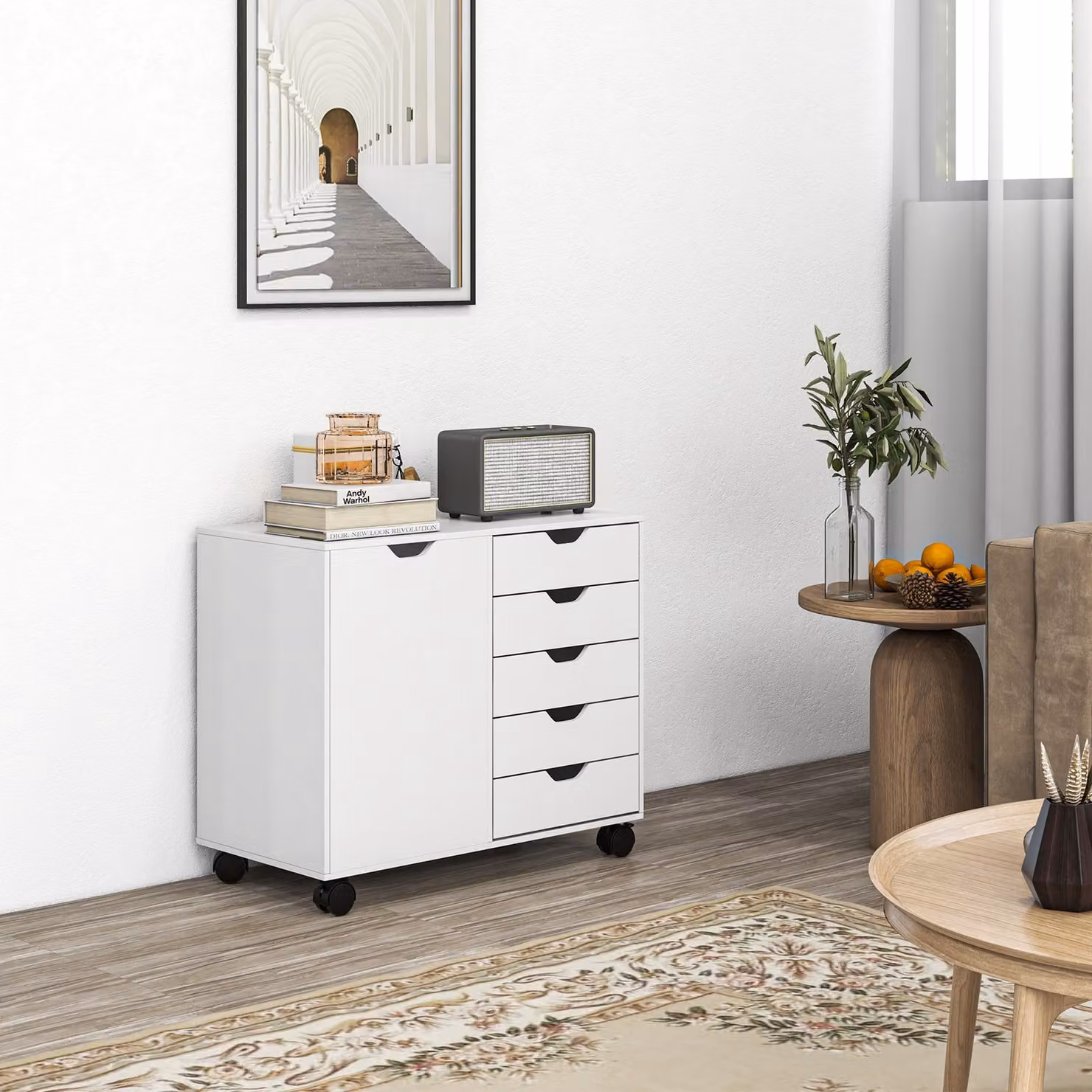 HOMCOM Mobile Filing Cabinet with 5 Drawers, Door and Adjustable Shelf, White Printer Table for Study – 2