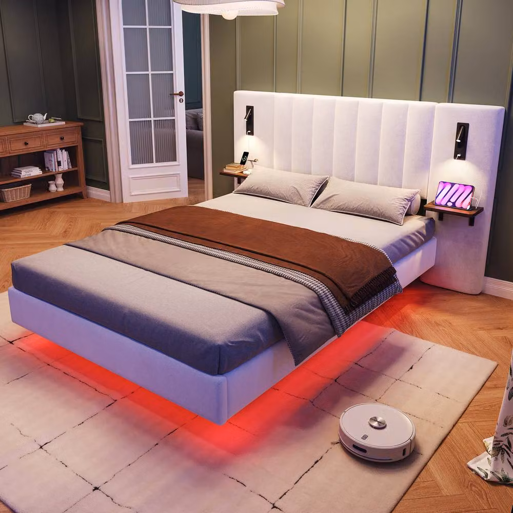 ModernLuxe White Upholstered Double Bed with LED Under-Bed Lighting, USB Charging Port and Storage Headboard W/D/H: 140 x 190 x 103 cm – 4