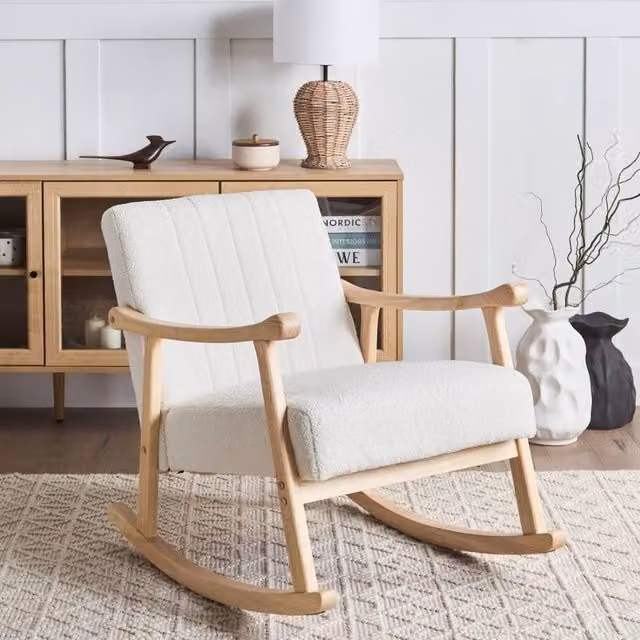 Wyld and Coco Off-White Boucle Rocking Armchair with Rubberwood Legs – 1