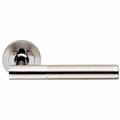 Loops Pair of Round Bar Handles on Round Rose in Polished and Satin Stainless Steel, Silver