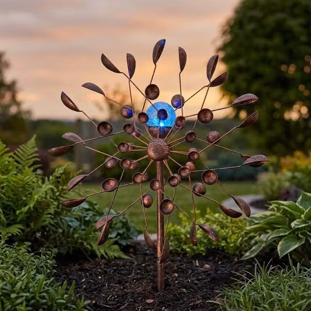 Garden Greatness Double Sided Rustic Solar Wind Spinner in Brown Metal
