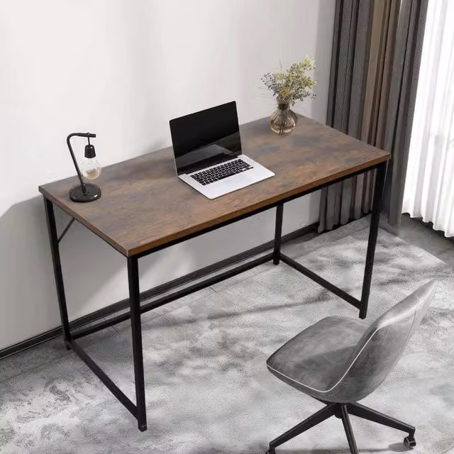 House of Home Industrial Computer Desk with Black Metal Frame in Brown and Grey