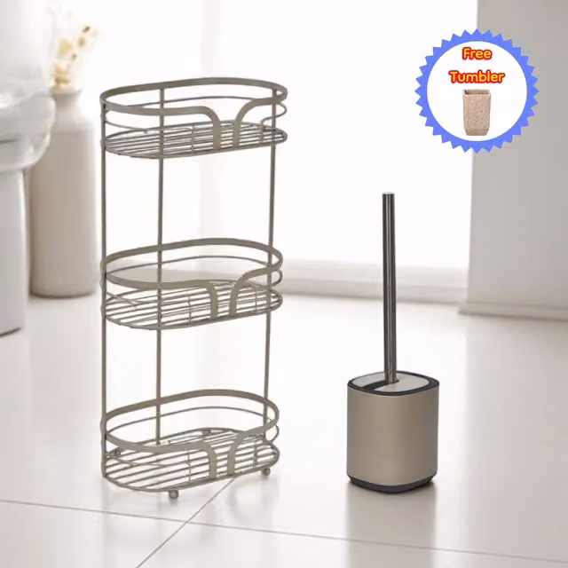 Showerdrape Dante Bathroom Accessory Set in Beige featuring Floor Caddy and Toilet Brush with Holder