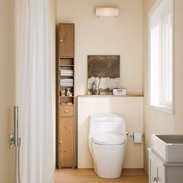 SoBuy Slim Bathroom Tall Cabinet in Brown with Soft-Close Hinged Doors and Adjustable Internal Shelves, H: 180 cm