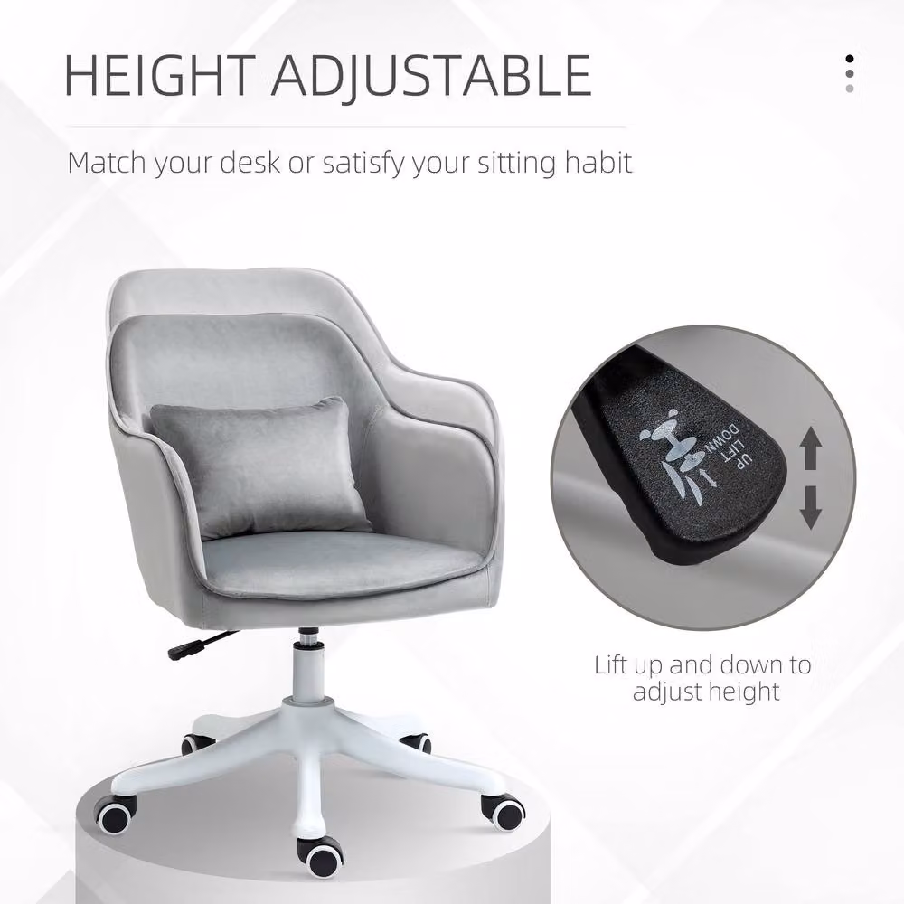 Rolipo Grey Velvet Swivel Vanity Office Chair with Lumbar Support – 3