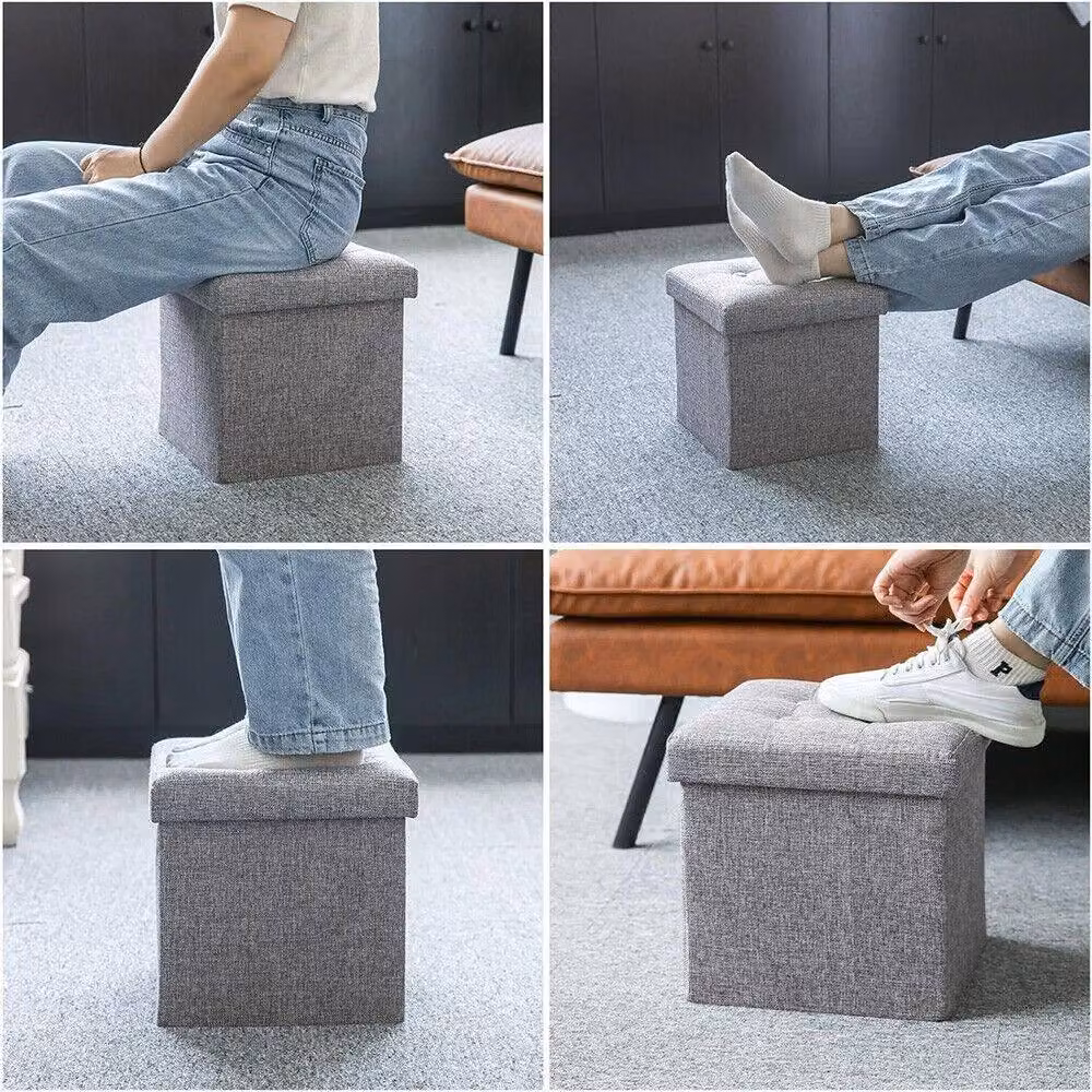 Dprodo Linen Storage Ottoman Folding Foot Rest Stool in Light Grey, W/D/H: 38 x 38 x 38 cm – 4
