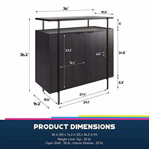 DHP Furniture Wainwright Bar Cabinet in Black Oak Look, W: 88 cm, D: 39 cm, H: 88 cm – 2
