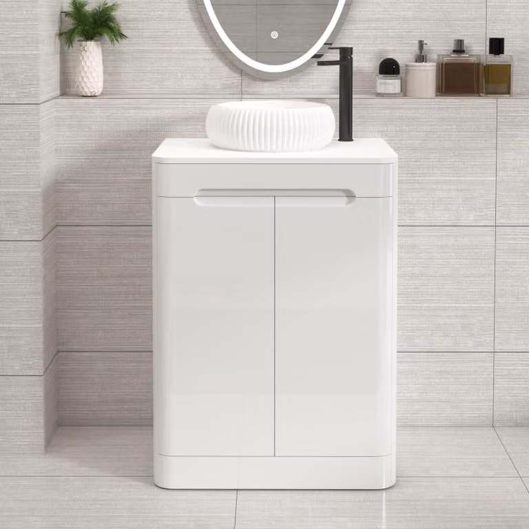 Royal Bathrooms Venice 600mm Gloss White Floor Standing 2 Door Vanity Unit with Milan Basin and Plain White Worktop