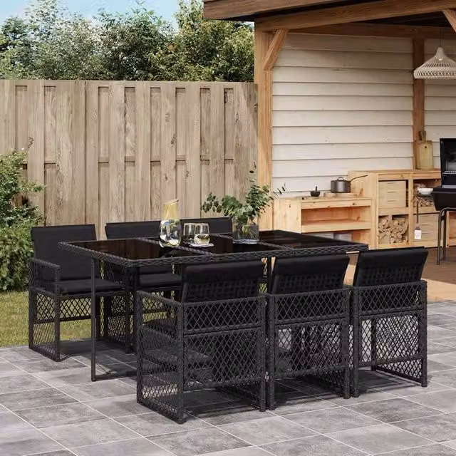 Berkfield Home 7 Piece Black Poly Rattan Garden Dining Set with Cushions and Glass Top – 1