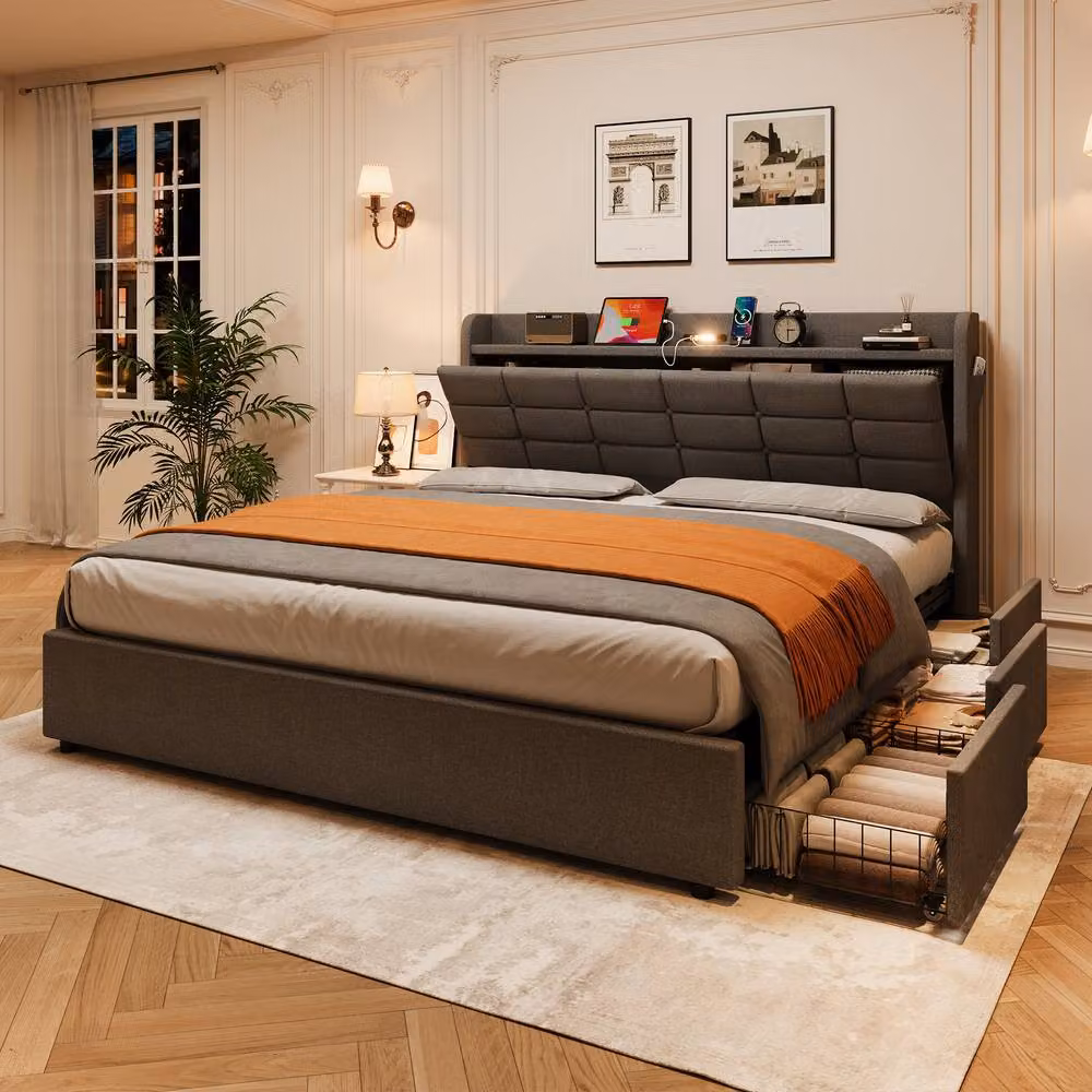 Rolipo Grey Linen Ottoman Bed with LED Under-Bed Lighting and USB Charging Ports, W/D/H: 180 x 200 cm – 3