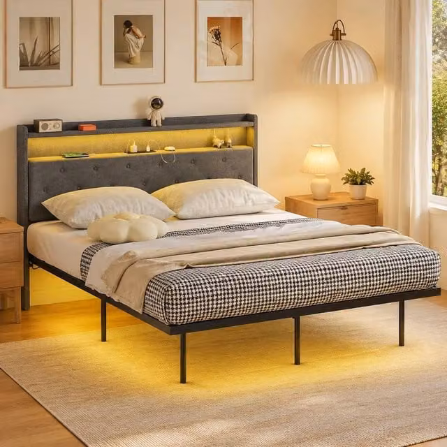 STILVORA Grey Fabric Double Bed Frame with LED Lighting, USB Charging Port and Bedside Shelves, W/D/H: 140 x 200 cm