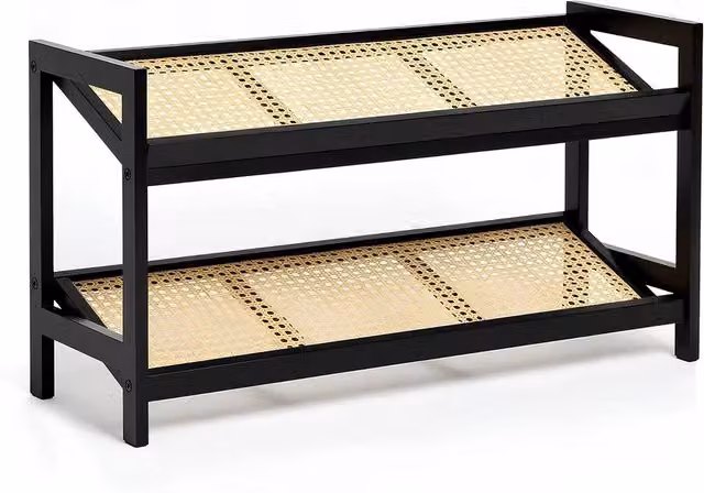 VOGREX 2 Tier Black Bamboo and Rattan Shoe Rack Organiser