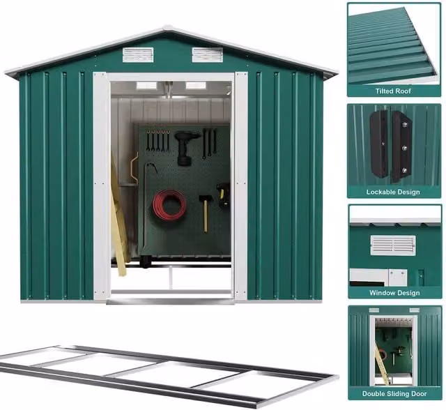 NESTLUNE Green Metal Garden Storage Shed with Double Doors and Foundation, W/D/H: 182.88 x 121.92 x 186.0 cm – 1