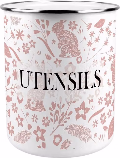 Purely Home Pink Wild Rabbits Kitchen Utensil Holder in Ceramic and Metal