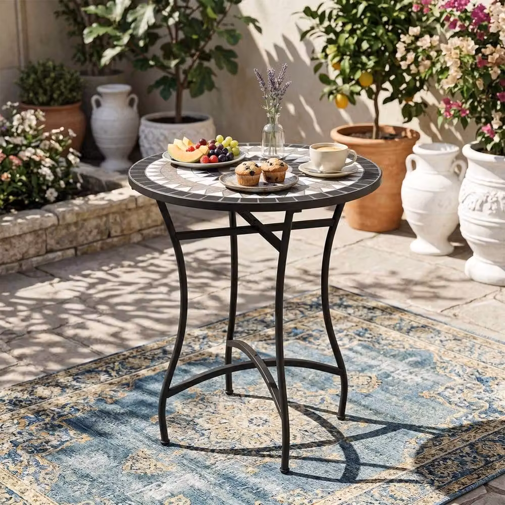 EONLION Modern Round Mosaic Garden Side Table in Black, Diameter: 100 cm – 4