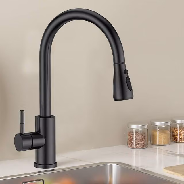 Ventryn Matt Black Modern Kitchen Sink Mixer Tap with Single Lever and Pull Out Spray Spout