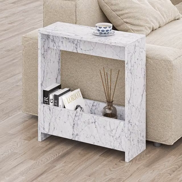 Decortie Simpi Slim Side End Table with Magazine Rack in White Marble Effect