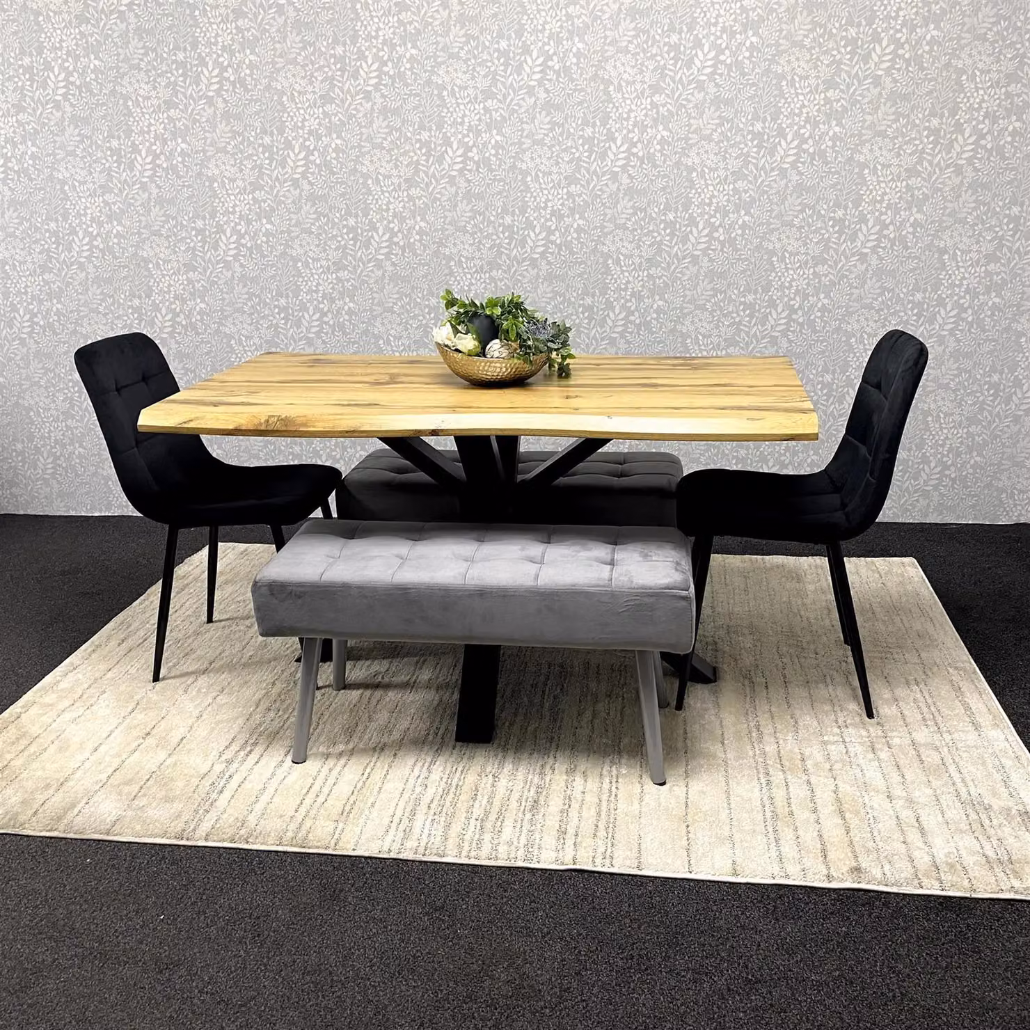 KOSY KOALA Wooden Dining Set with 1 Table, 2 Black Chairs and 2 Benches in Brown and Grey – 3