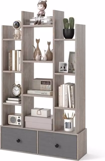 COSTWAY Modern Open-Back Freestanding Bookshelf in Grey