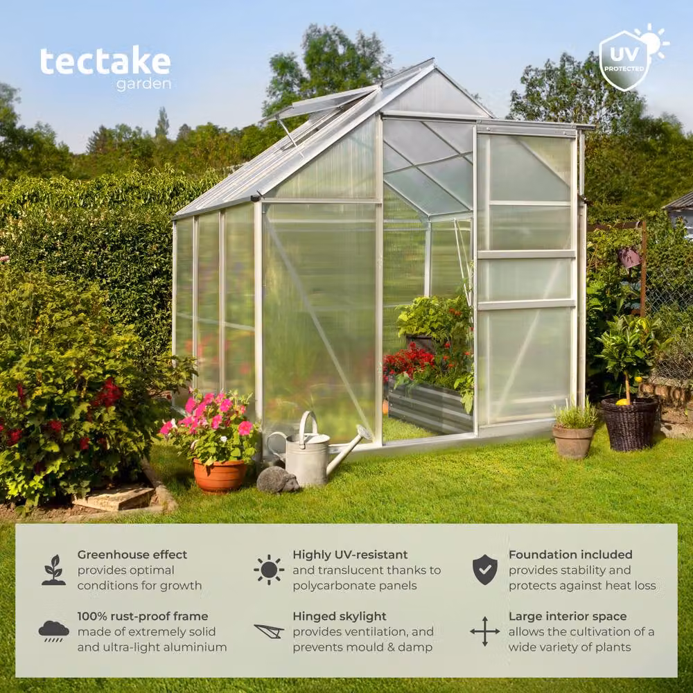 tectake Aluminium Greenhouse with Foundation and Polycarbonate Sliding Windows in Transparent – 2