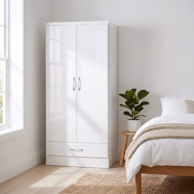 Seconique Nevada White High Gloss 2 Door 1 Drawer Double Wardrobe – 1