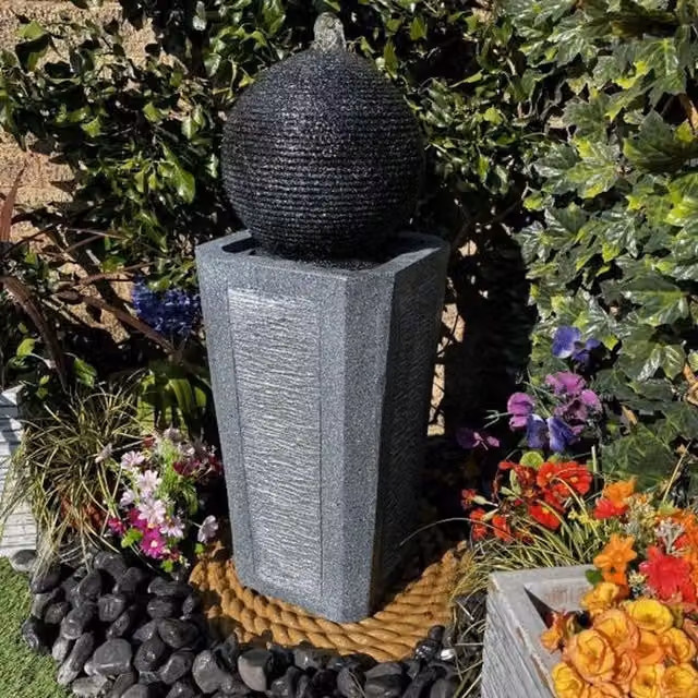 Tranquility Grey Ball and Column Contemporary Solar Water Column Freestanding Water Feature