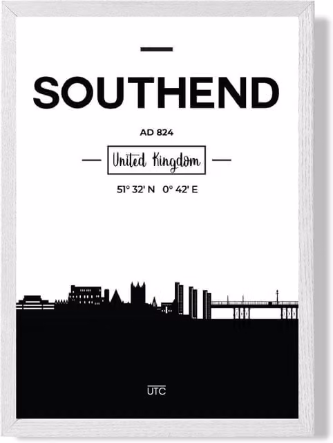 ARTZE Southend Black and White City Skyline Framed Print with White Frame