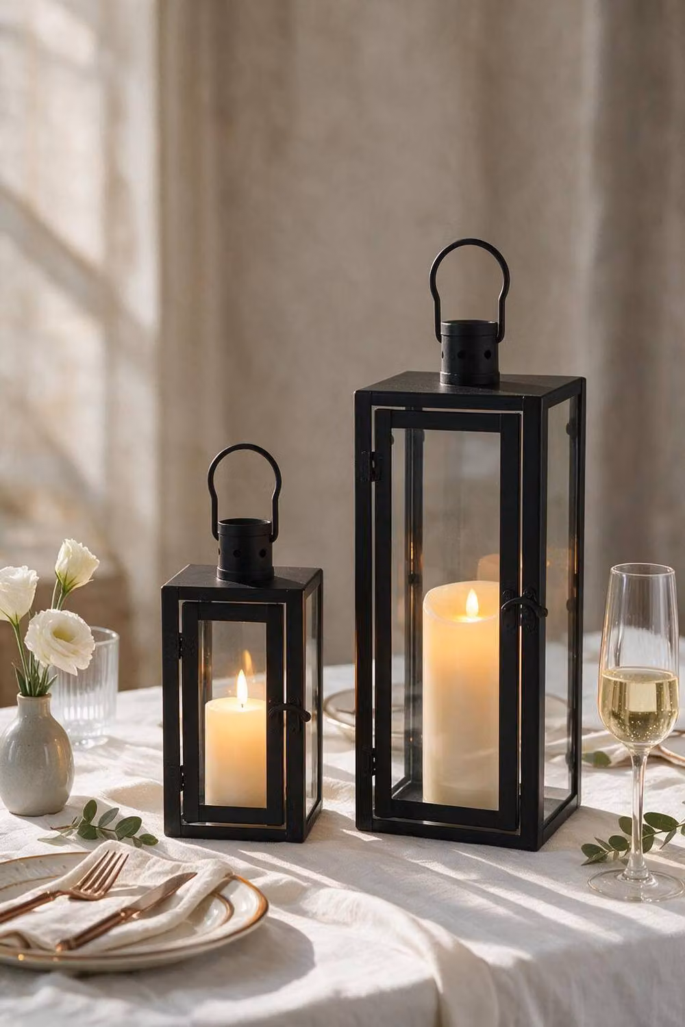 ExtraStar 2-Piece Black Metal and Glass Pillar Candle Holder Set for Tabletop Use – 2