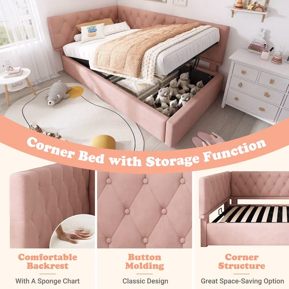 ModernLuxe Pink Velvet Upholstered Ottoman Daybed with Hydraulic Storage, W/D/H: 90 x 190 x 77 cm – 6