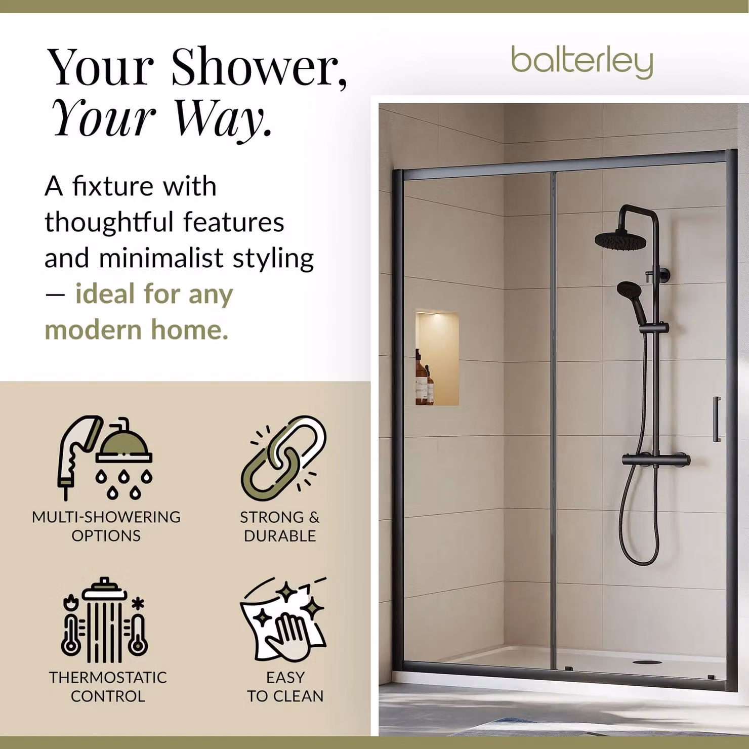 Balterley Pride Matt Black Exposed Round Shower Kit with Fixed Overhead Shower, Adjustable Handset and Thermostat – 2