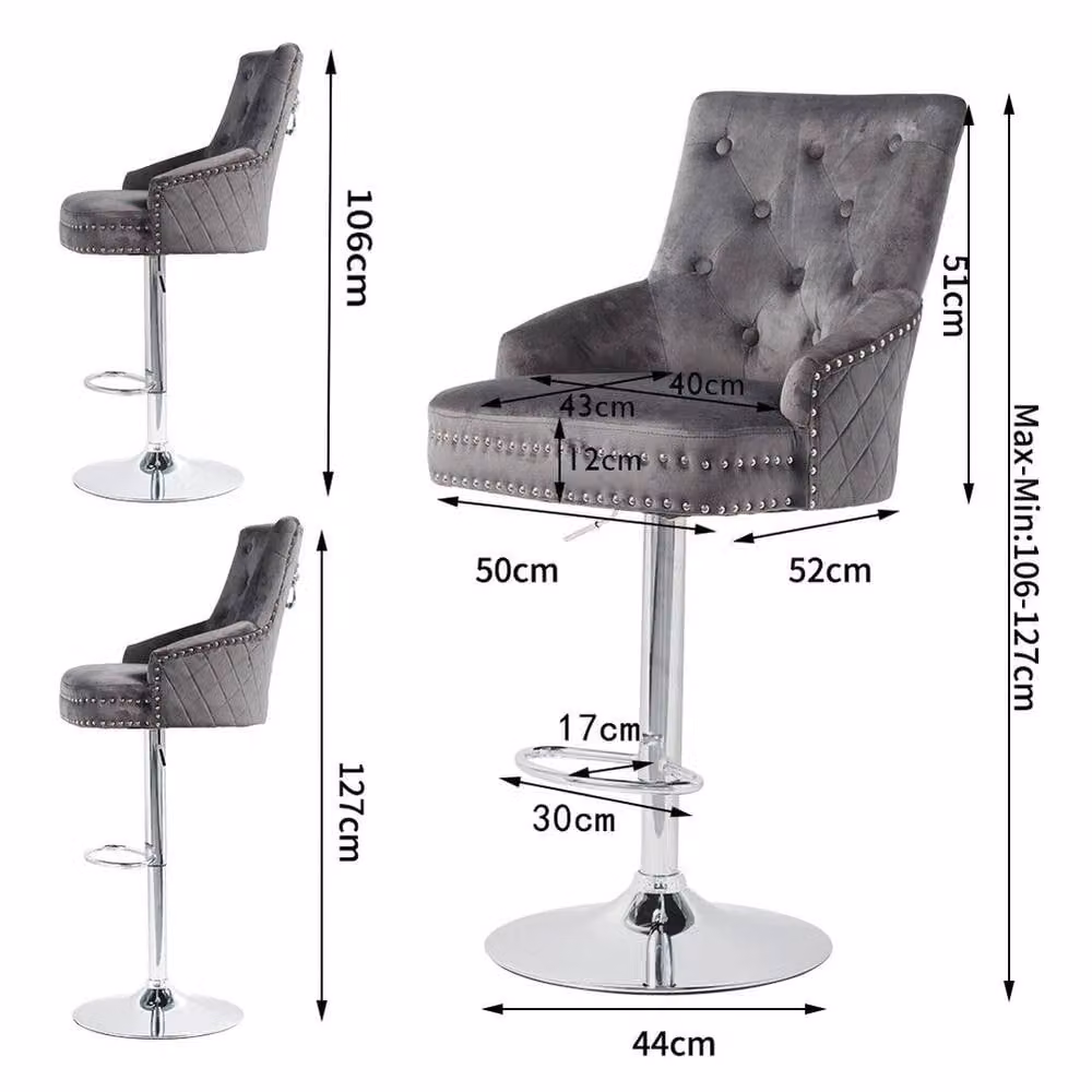 Kelvenix Grey XL Swivel Velvet Bar Stool with Armrests and Adjustable Height – 2