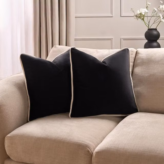 OHS Pack of 2 Black Matte Velvet Square Cushion Covers with Piped Edges