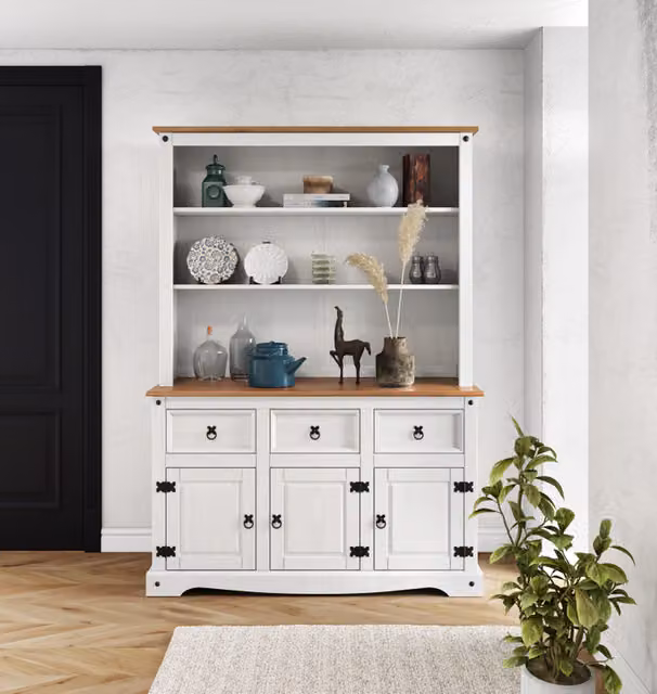 Mercers Furniture Corona 3 Door Solid Wood Pine Sideboard Display in Distressed White Wax