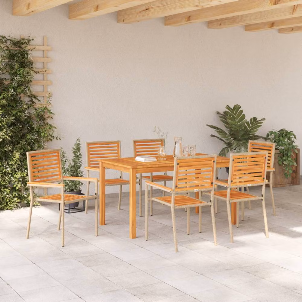 Berkfield Home 7 Piece Garden Dining Set in Beige Poly Rattan and Acacia Wood – 3