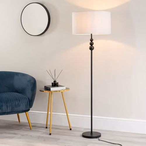 ValueLights Matt Black Stacked Ball Single Stem Standing Floor Lamp with Grey Fabric Drum Shade and Included Bulb – 2