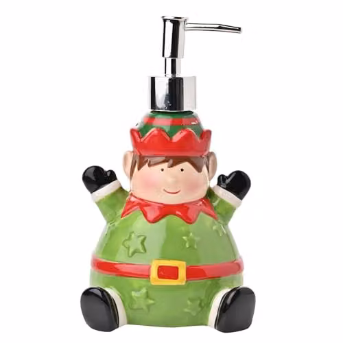 Widdop and Co Christmas Elf Novelty Soap Dispenser, Red and Green Glazed Ceramic Refillable Pump Bottle