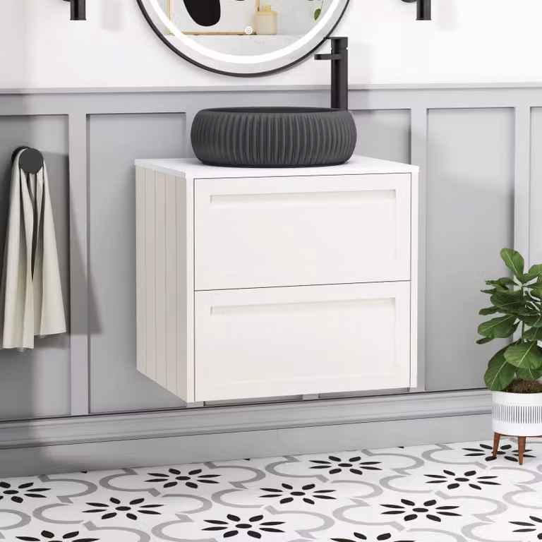 Royal Bathrooms Elmore 600mm Classic White Wall Hung Vanity Unit with 2 Drawers, Plain White Worktop and Milan Black Basin