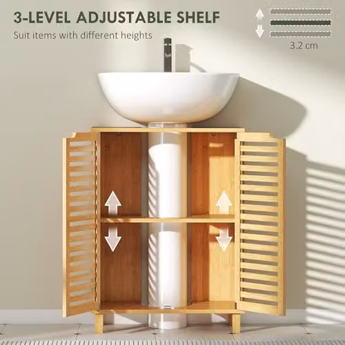 HOMCOM Freestanding Under Sink Bathroom Cabinet in Brown with Adjustable Internal Shelves and Hinged Doors – 3