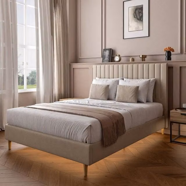 X Rocker Maisie Velvet Upholstered Bed Frame with Under-Bed LED Lighting in Beige, W/D/H: 180 x 200 x 108 cm